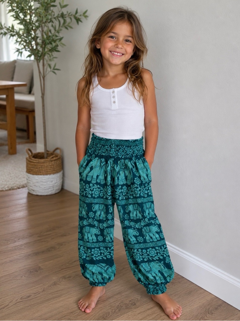 Smocked Waist Teal Elephant Print Kids Harem Pants, size 5